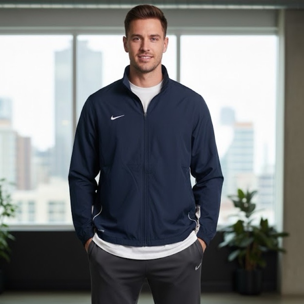 Nike Dri-FIT Full Zip Windbreaker Jacket Navy Blue XXL Warm Up Track Coat